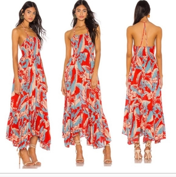 Free People Dresses & Skirts - Free People Red heat wave floral ruffle maxi dress women's size small